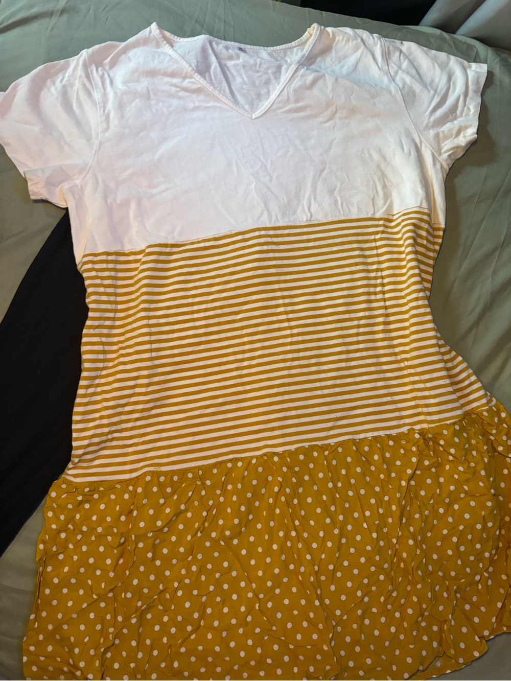 White and Mustard Yellow Striped & Polka Dot Dress and leggings